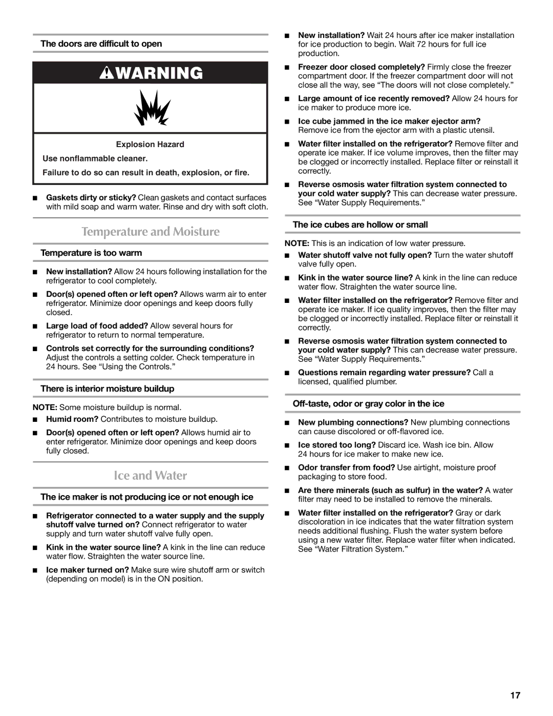 Maytag W10175486A installation instructions Temperature and Moisture, Ice and Water 