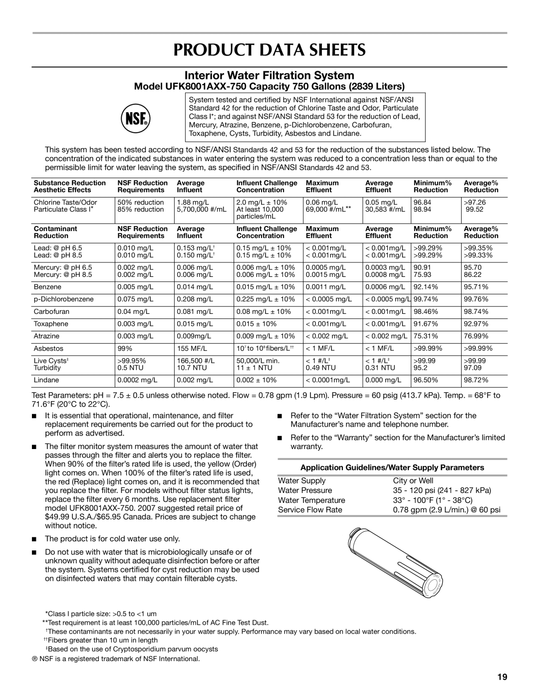 Maytag W10175486A installation instructions Product Data Sheets, Application Guidelines/Water Supply Parameters 