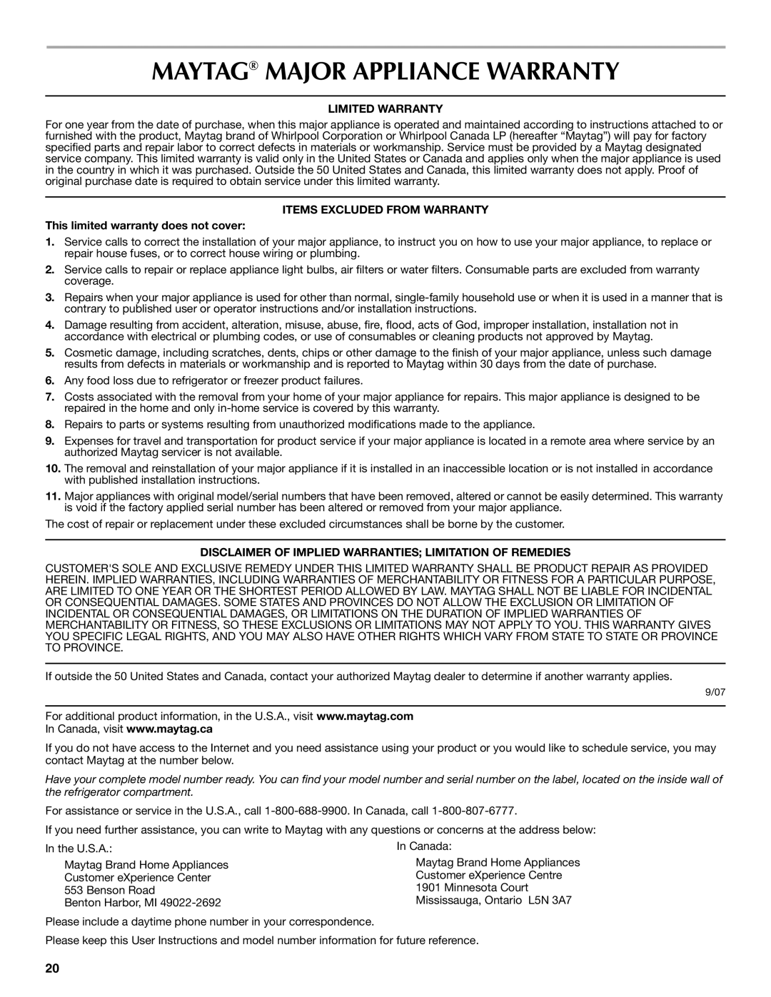 Maytag W10175486A installation instructions Maytag Major Appliance Warranty, Limited Warranty, Items Excluded from Warranty 