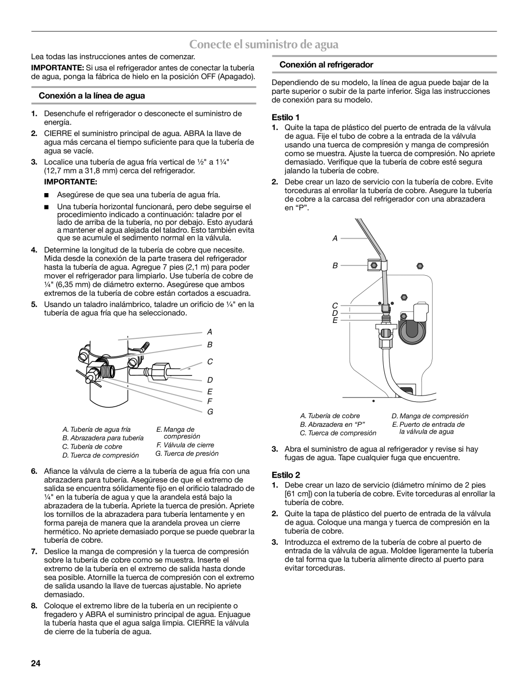 Maytag W10175486A Conecte el suministro de agua, Conexión a la línea de agua, Conexión al refrigerador, Estilo 