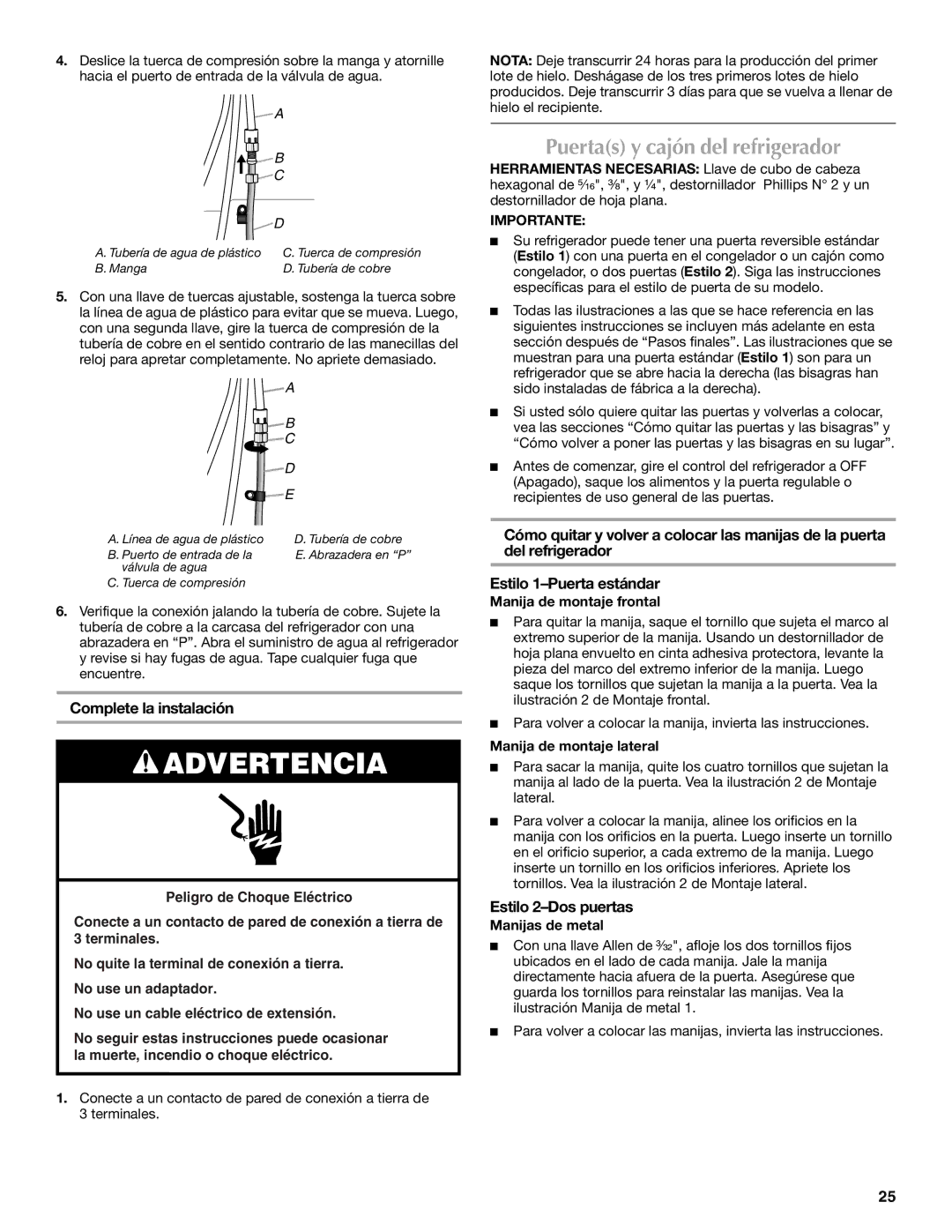 Maytag W10175486A installation instructions Puertas y cajón del refrigerador, Complete la instalación, Estilo 2-Dos puertas 