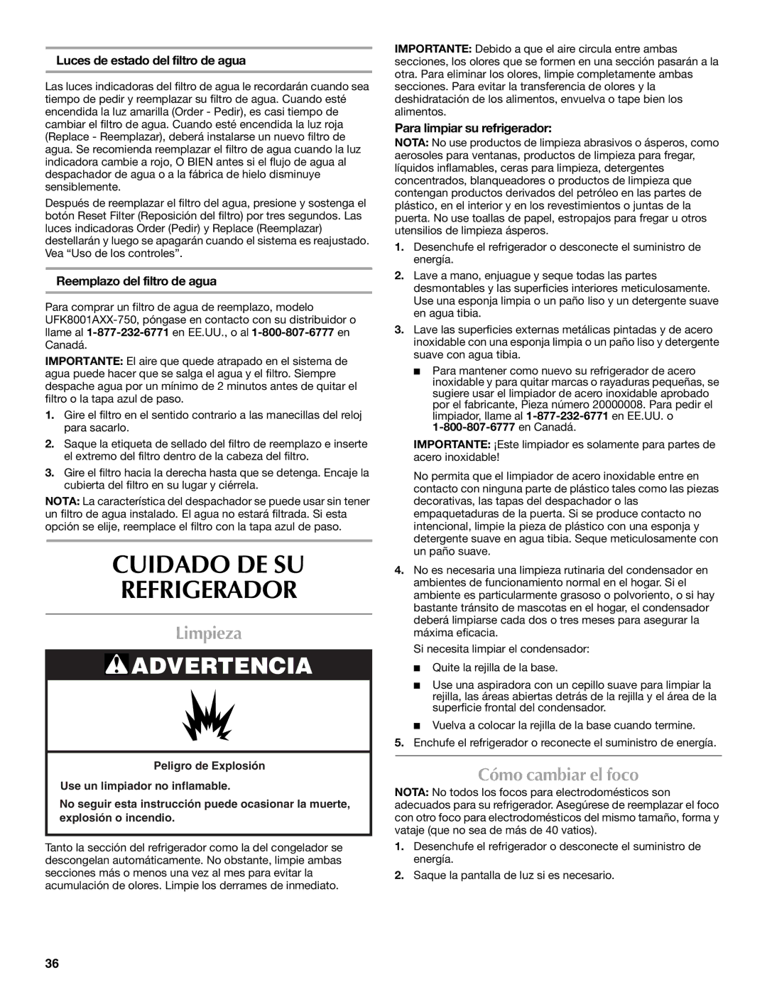 Maytag W10175486A installation instructions Cuidado DE SU Refrigerador, Limpieza, Cómo cambiar el foco 