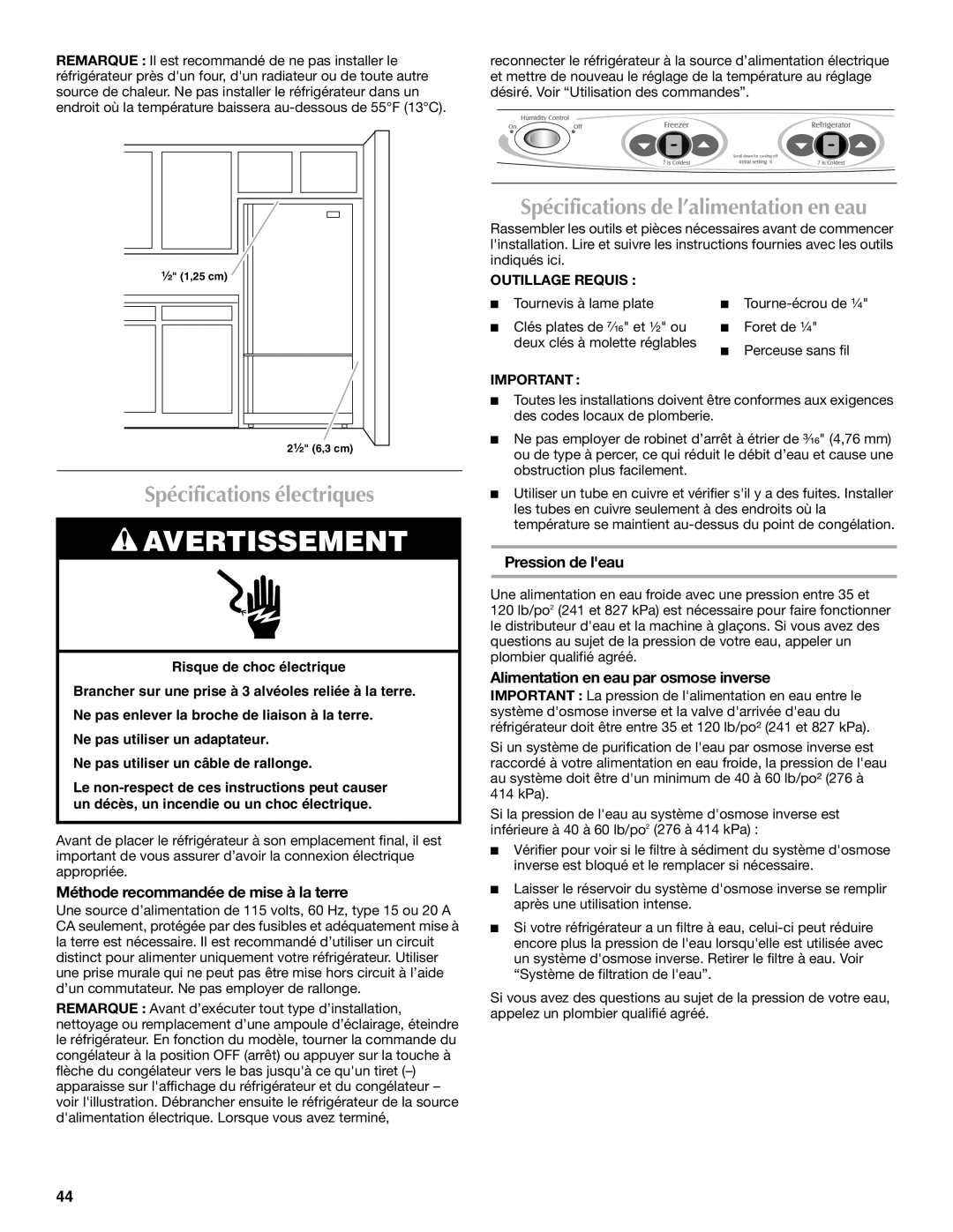 Maytag W10175486A Spécifications électriques, Spécifications de l’alimentation en eau, Pression de leau 