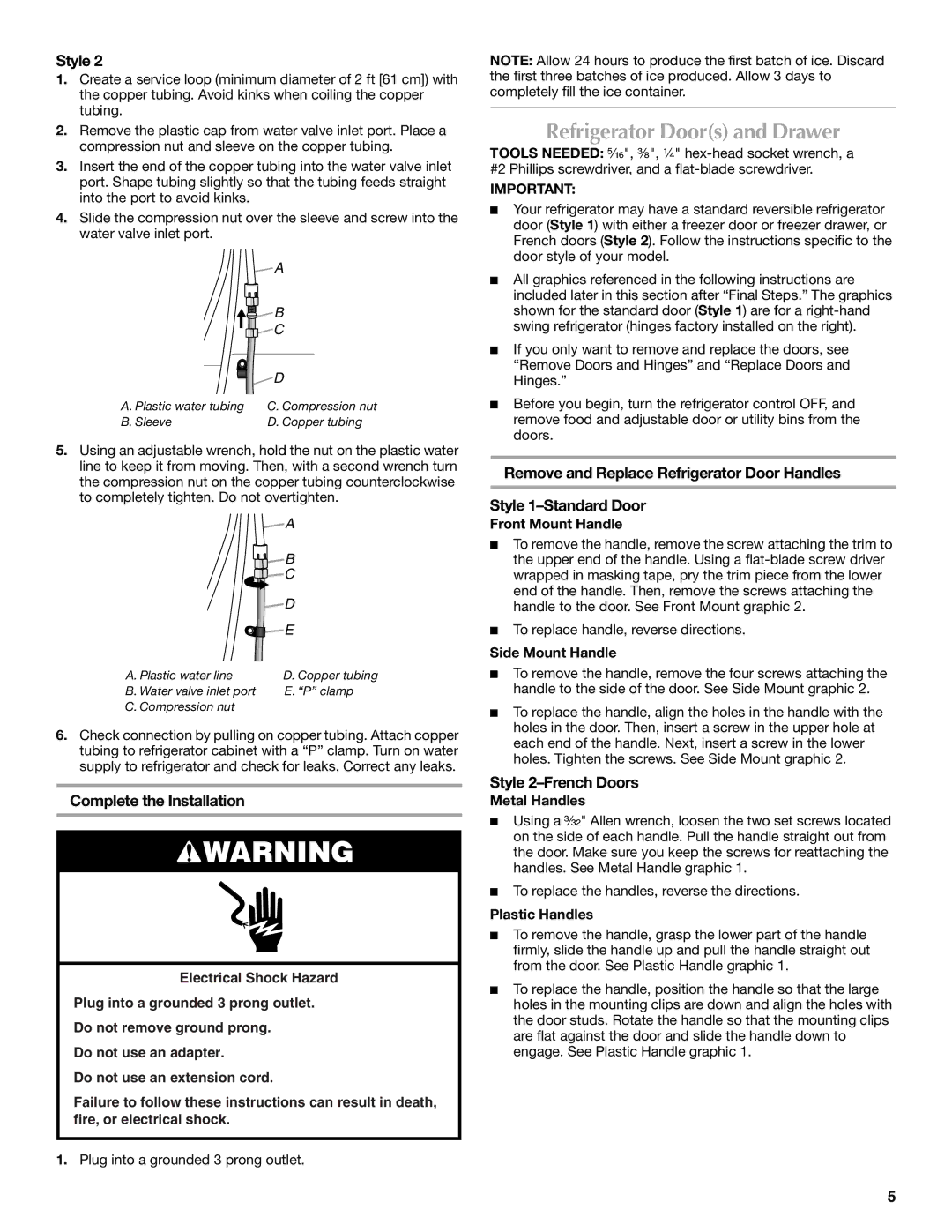 Maytag W10175486A installation instructions Refrigerator Doors and Drawer, Complete the Installation, Style 2-French Doors 