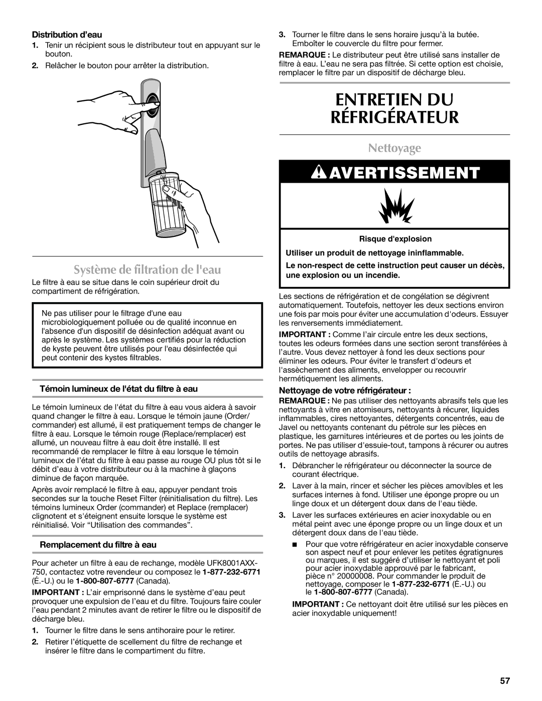 Maytag W10175486A installation instructions Entretien DU Réfrigérateur, Système de filtration de leau, Nettoyage 