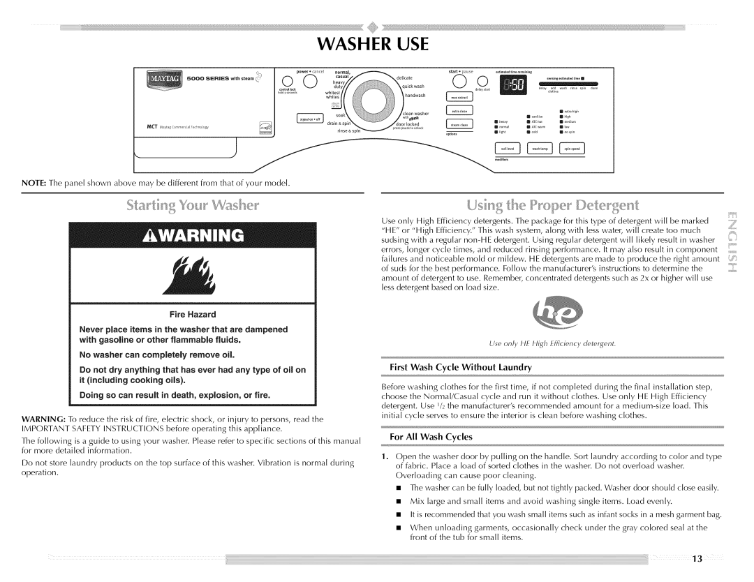 Maytag W10176966C manual Washer USE, First Wash Cycle Without Laundry, For All Wash Cycles 