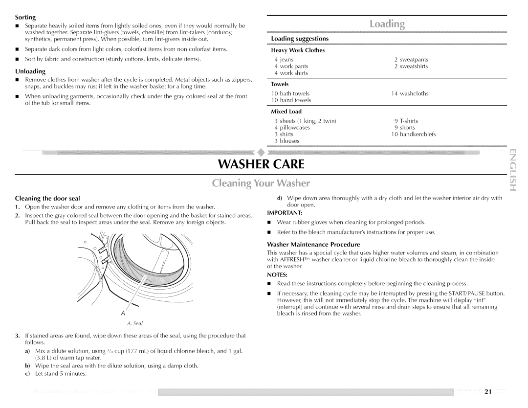 Maytag W10176966C manual Cleaning the door seal, Wear rubber gloves when cleaning for prolonged periods 