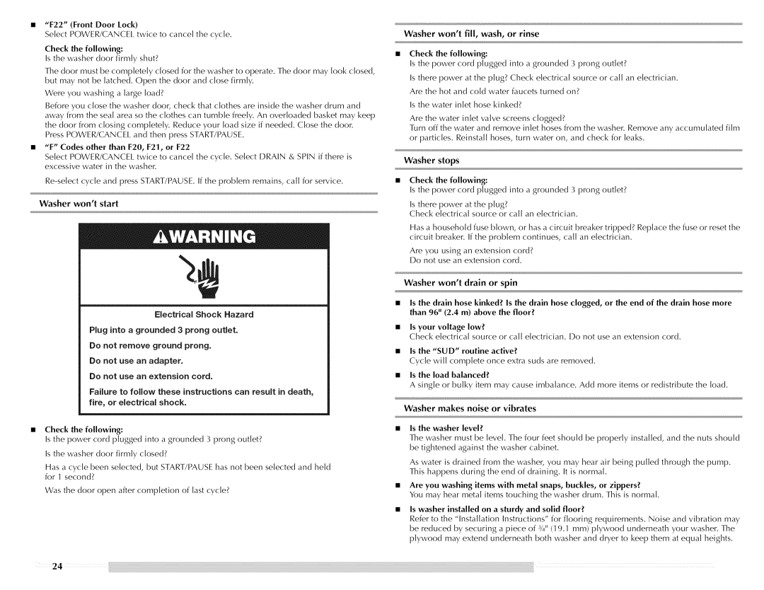 Maytag W10176966C Washer wont start, Washer wont fill, wash, or rinse, Washer wont drain or spin, Is the washer level? 