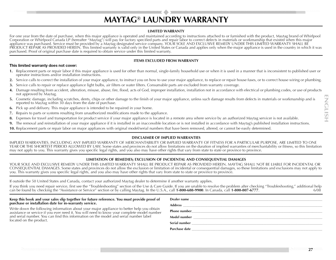 Maytag W10176966C manual Maytag Laundry Warranty, Limited Warranty 