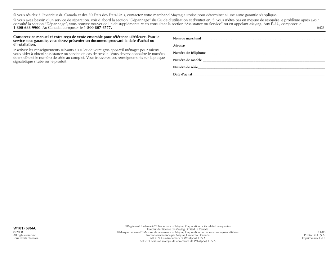 Maytag W10176966C manual 0208 
