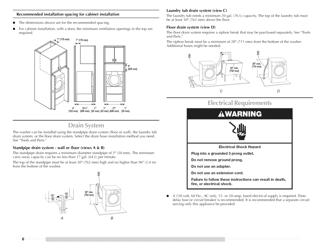 Maytag W10176966C manual Recommended installation spacing for cabinet installation 