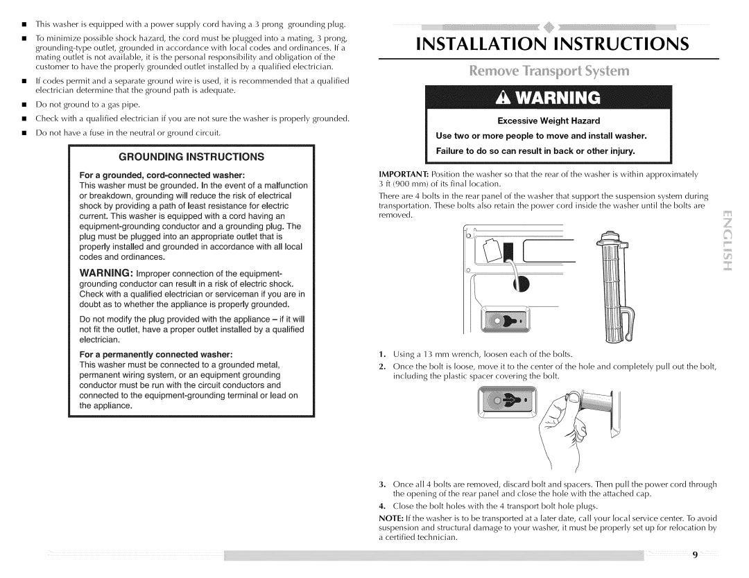 Maytag W10176966C Installation Instructions, For a grounded, cord=connected washer, For a permanently connected washer 