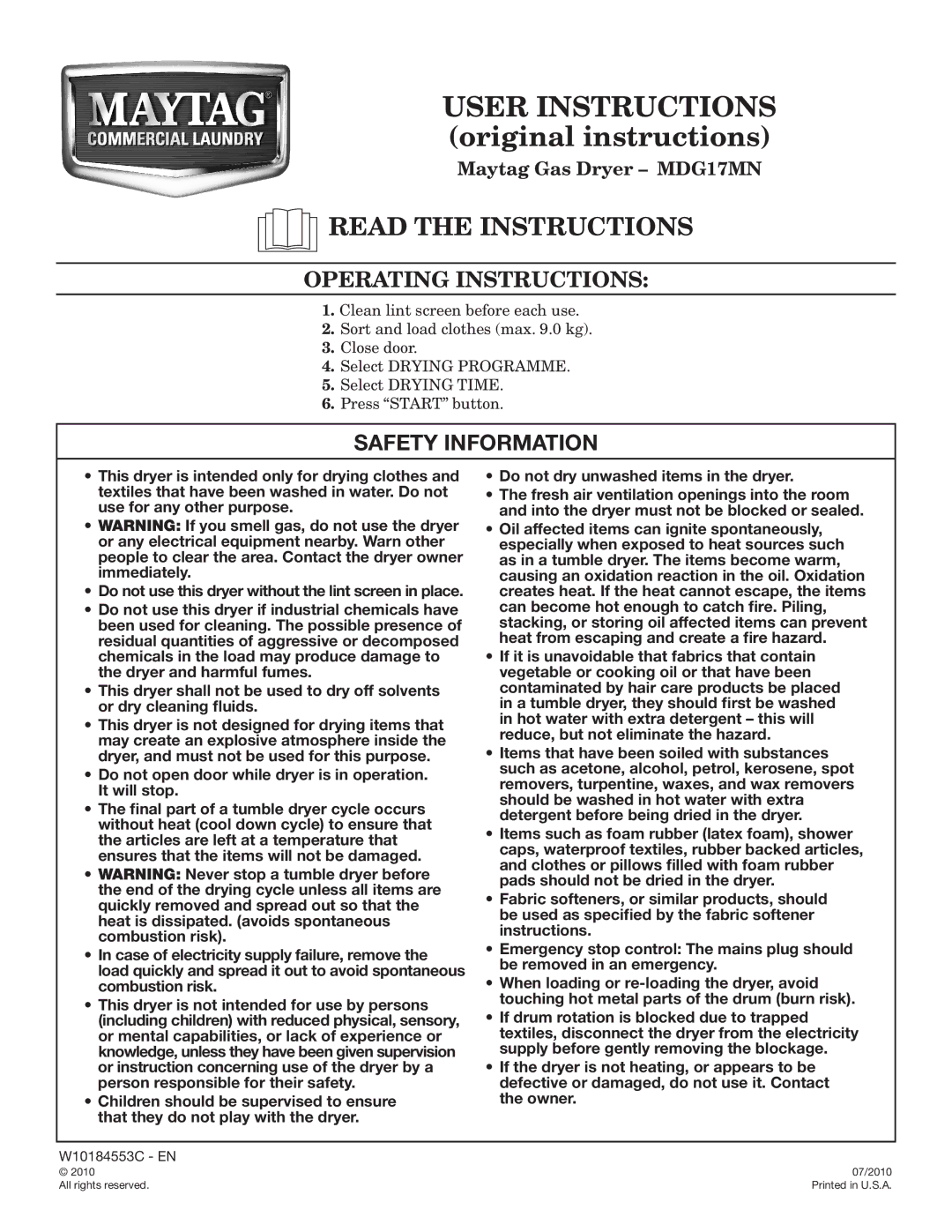 Maytag W10184553C operating instructions User Instructions original instructions, Read the Instructions 