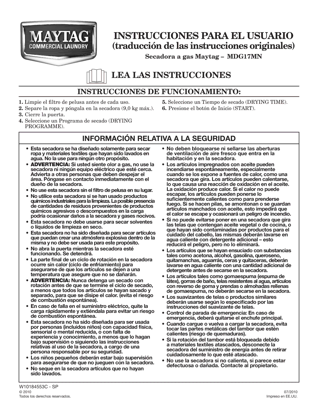 Maytag W10184553C LEA LAS Instrucciones, Instrucciones DE Funcionamiento, Información Relativa a LA Seguridad 