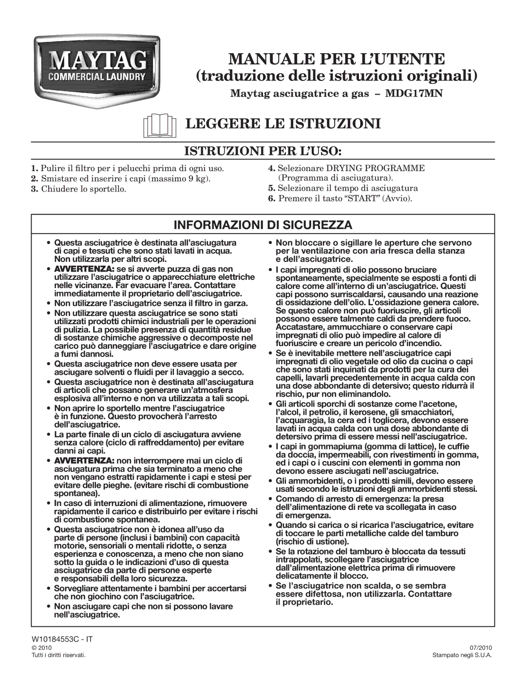 Maytag W10184553C operating instructions Traduzione delle istruzioni originali, Leggere LE Istruzioni, Istruzioni PER L’USO 