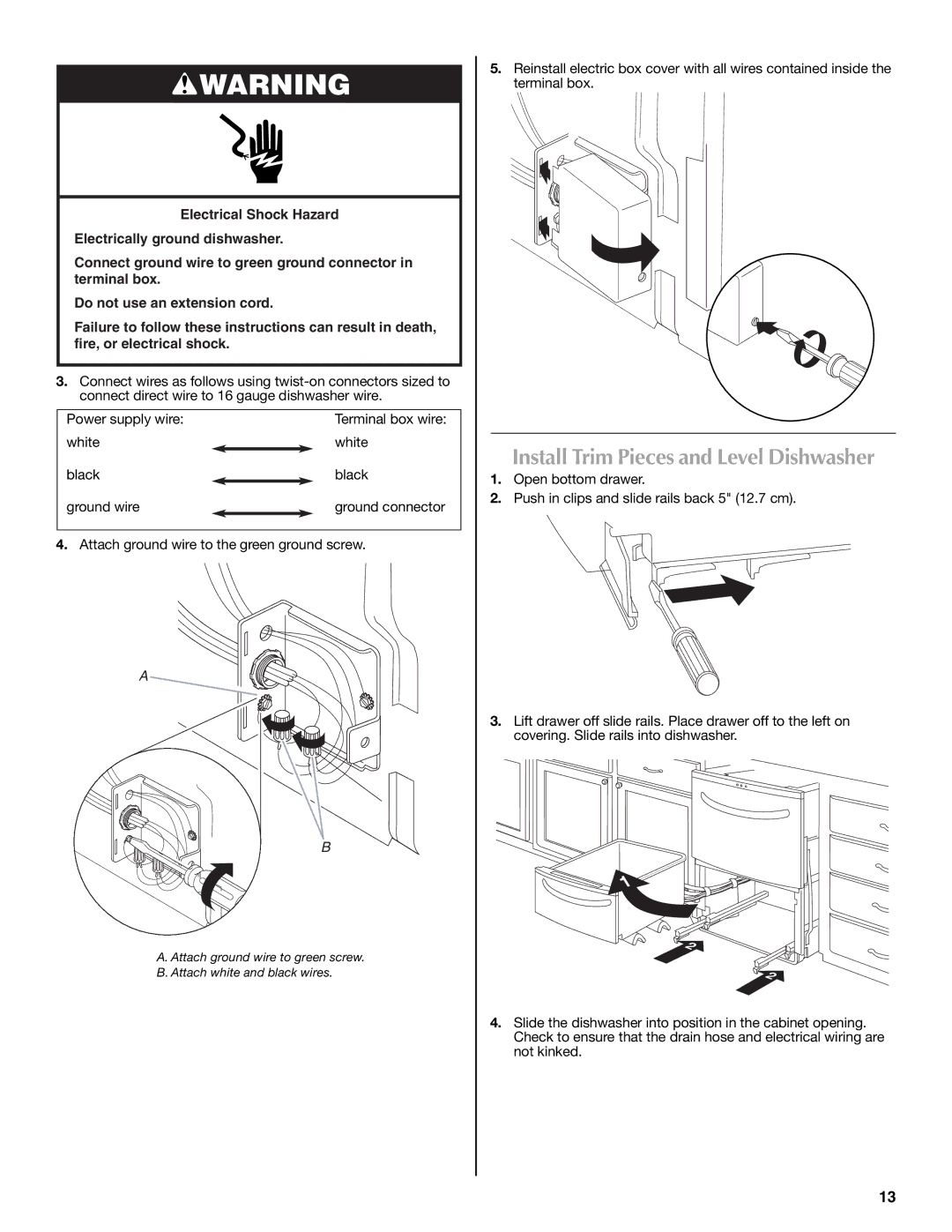 Maytag W10185071B installation instructions Install Trim Pieces and Level Dishwasher 