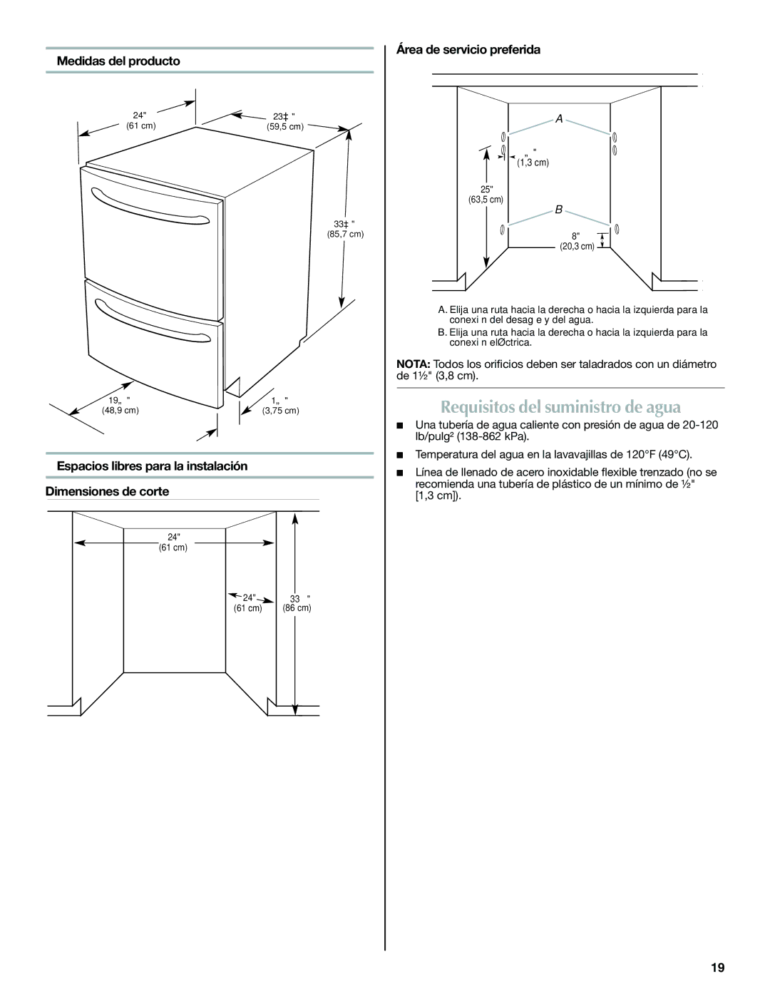 Maytag W10185071B Requisitos del suministro de agua, Medidas del producto, Área de servicio preferida 