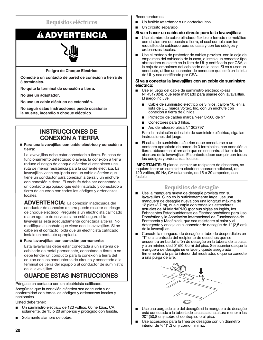 Maytag W10185071B Requisitos eléctricos, Requisitos de desagüe, Si va a hacer un cableado directo para la la lavavajillas 