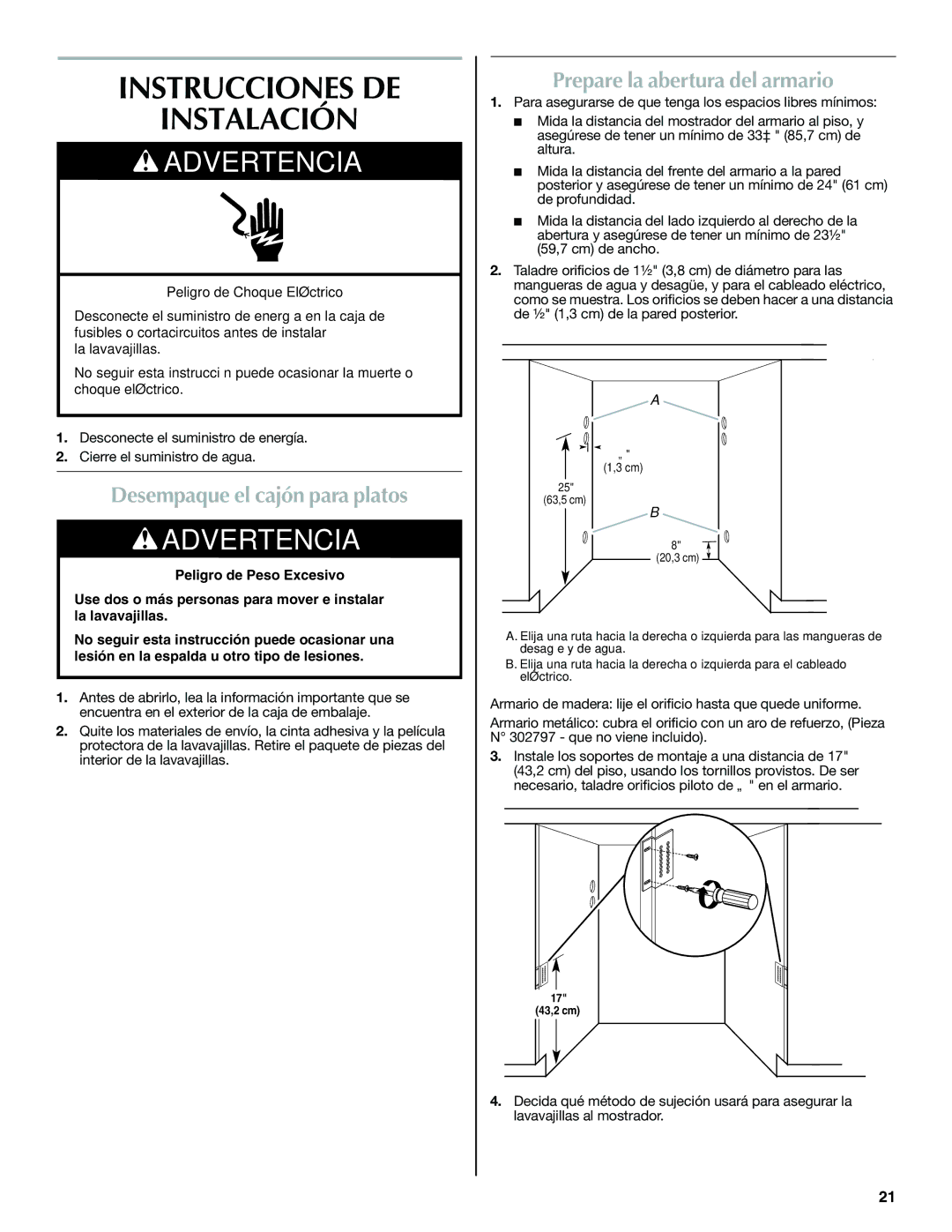 Maytag W10185071B Instrucciones DE Instalación, Desempaque el cajón para platos, Prepare la abertura del armario 