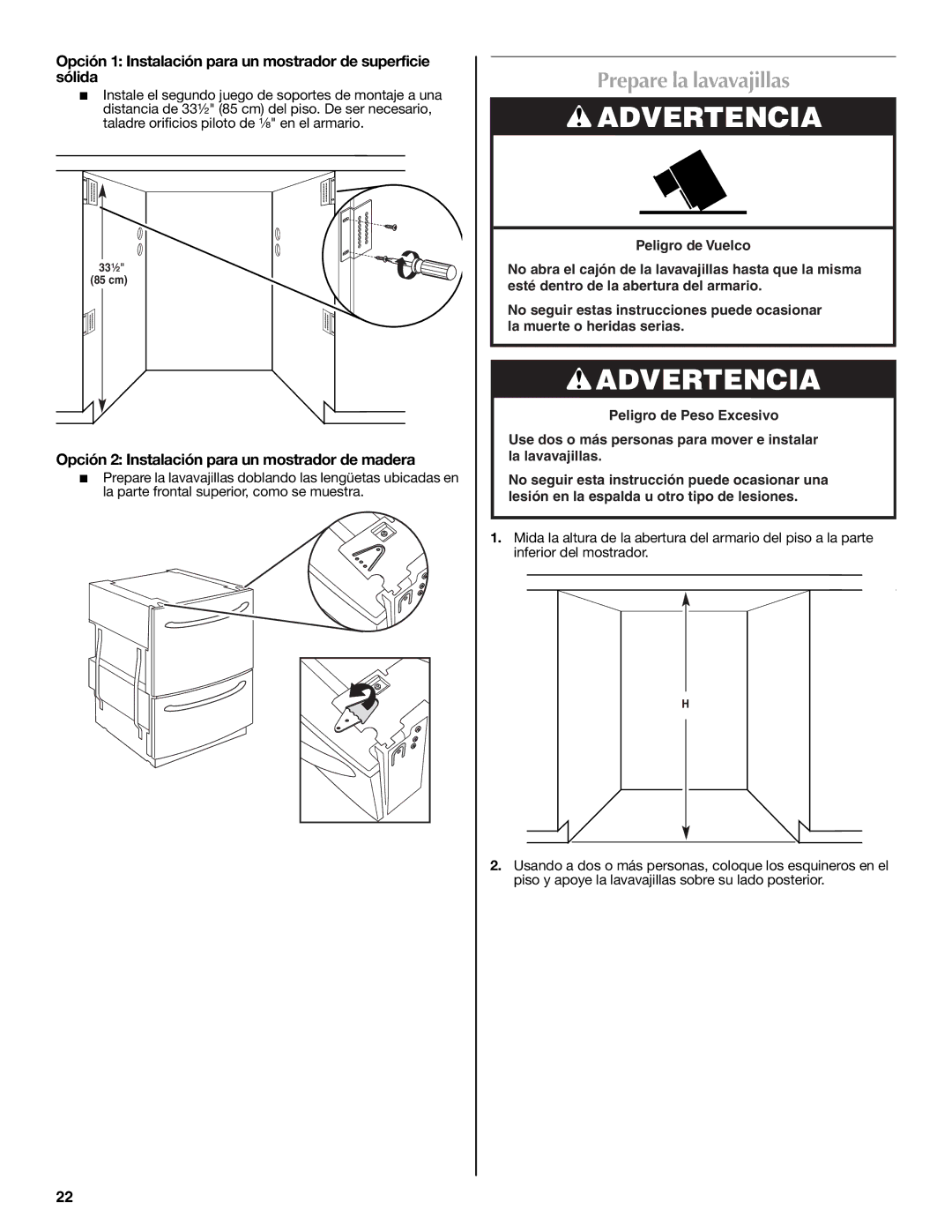 Maytag W10185071B Prepare la lavavajillas, Opción 1 Instalación para un mostrador de superficie sólida 