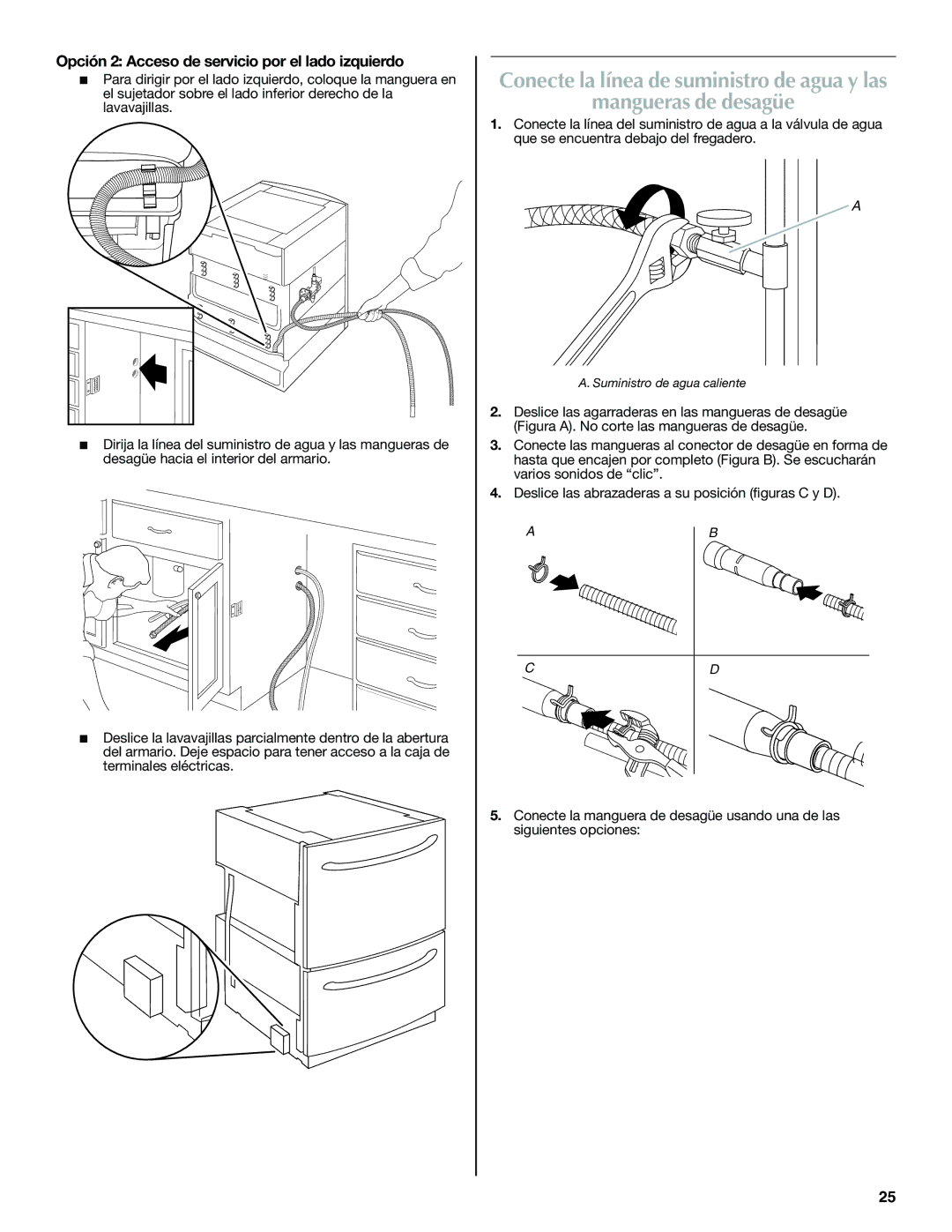 Maytag W10185071B installation instructions Mangueras de desagüe, Opción 2 Acceso de servicio por el lado izquierdo 