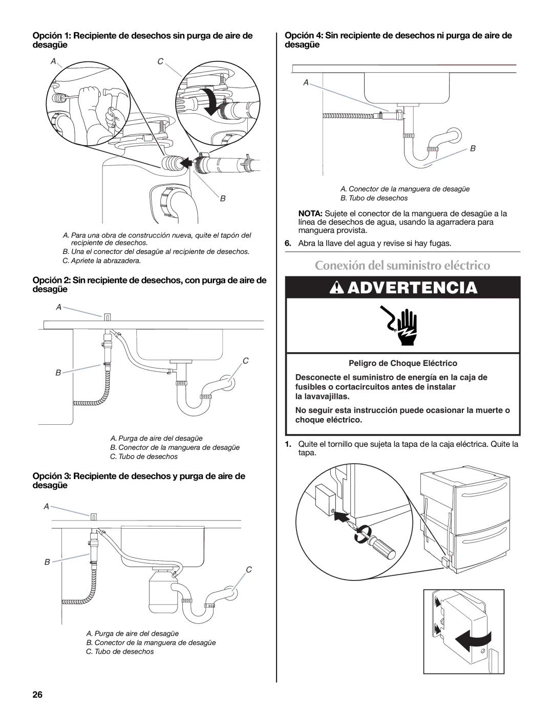 Maytag W10185071B Conexión del suministro eléctrico, Opción 3 Recipiente de desechos y purga de aire de desagüe 