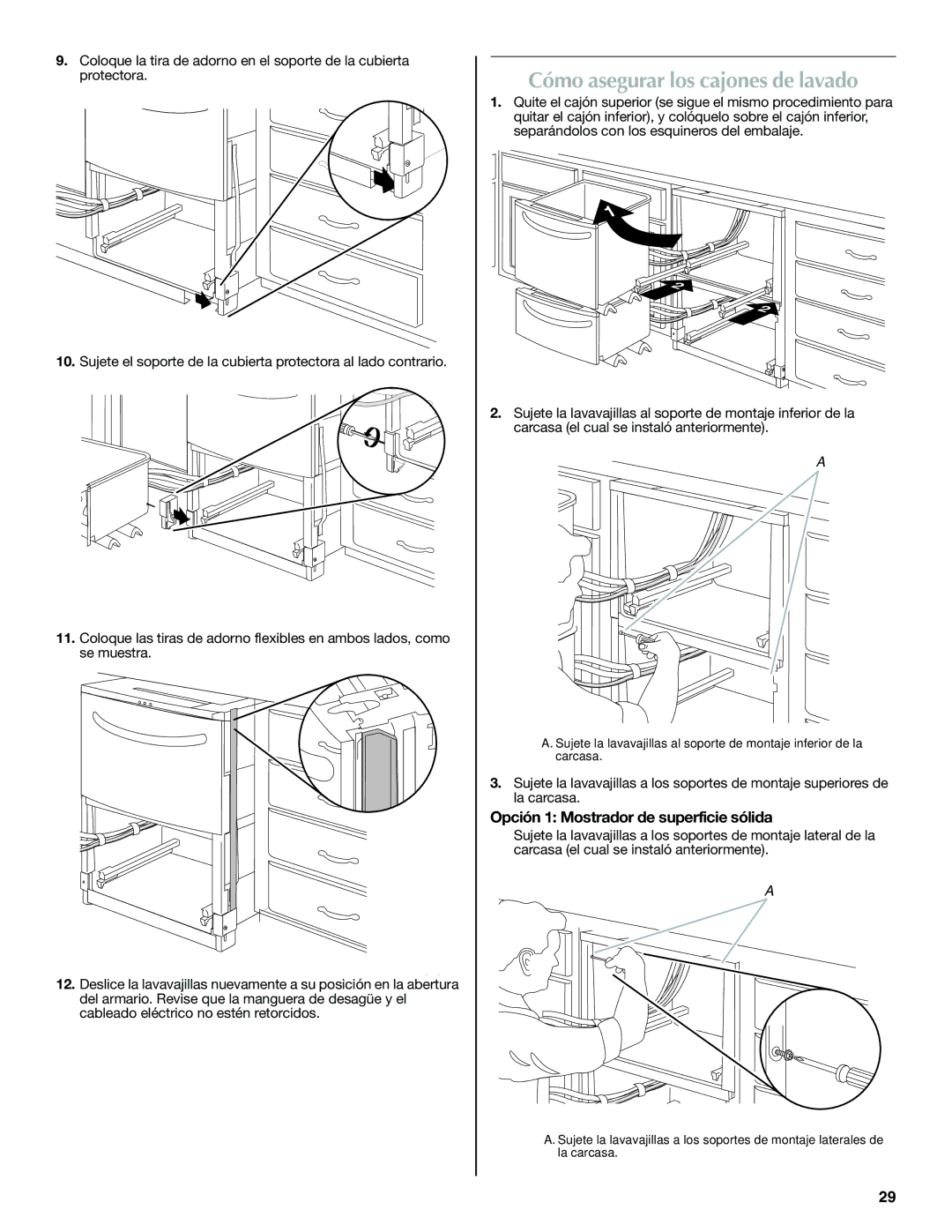 Maytag W10185071B installation instructions Cómo asegurar los cajones de lavado, Opción 1 Mostrador de superficie sólida 