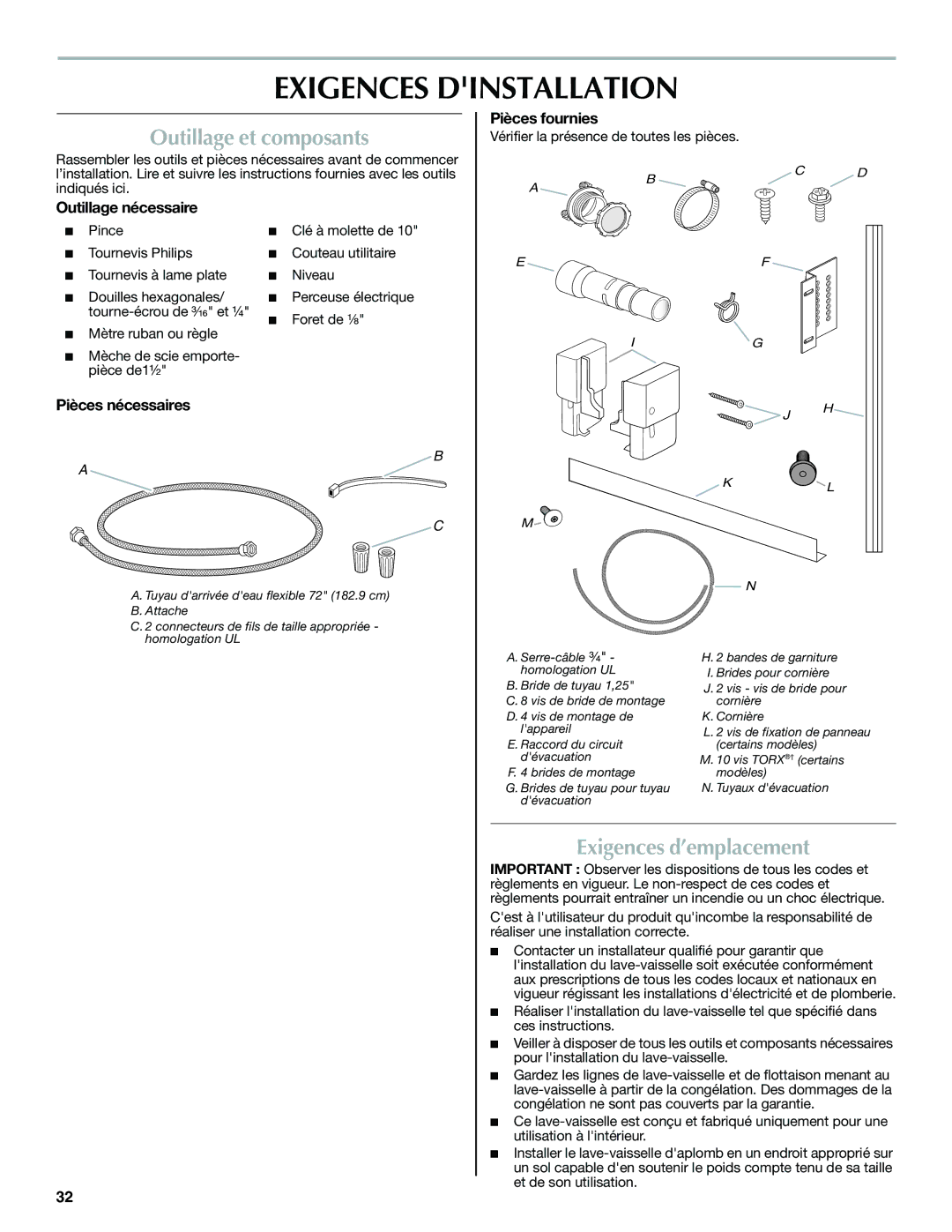 Maytag W10185071B installation instructions Exigences Dinstallation, Outillage et composants, Exigences d’emplacement 