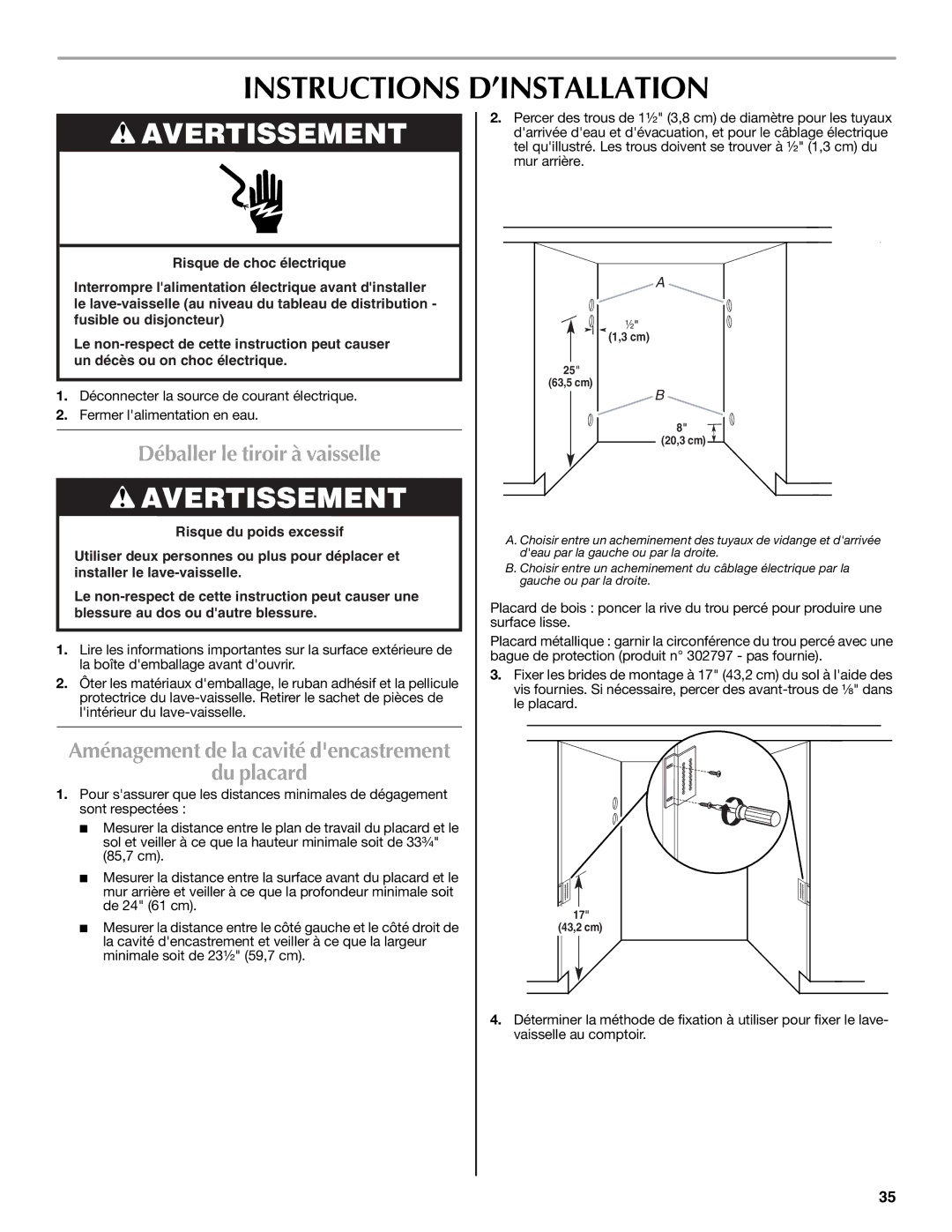 Maytag W10185071B installation instructions Instructions D’INSTALLATION, Déballer le tiroir à vaisselle, Du placard 