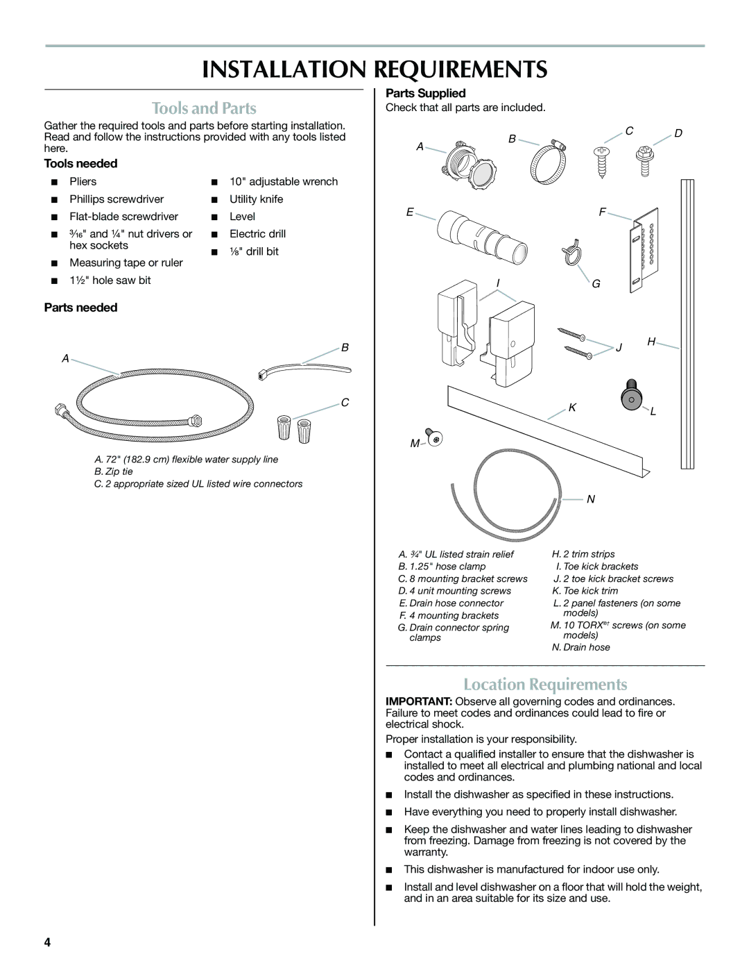 Maytag W10185071B installation instructions Installation Requirements, Tools and Parts, Location Requirements 