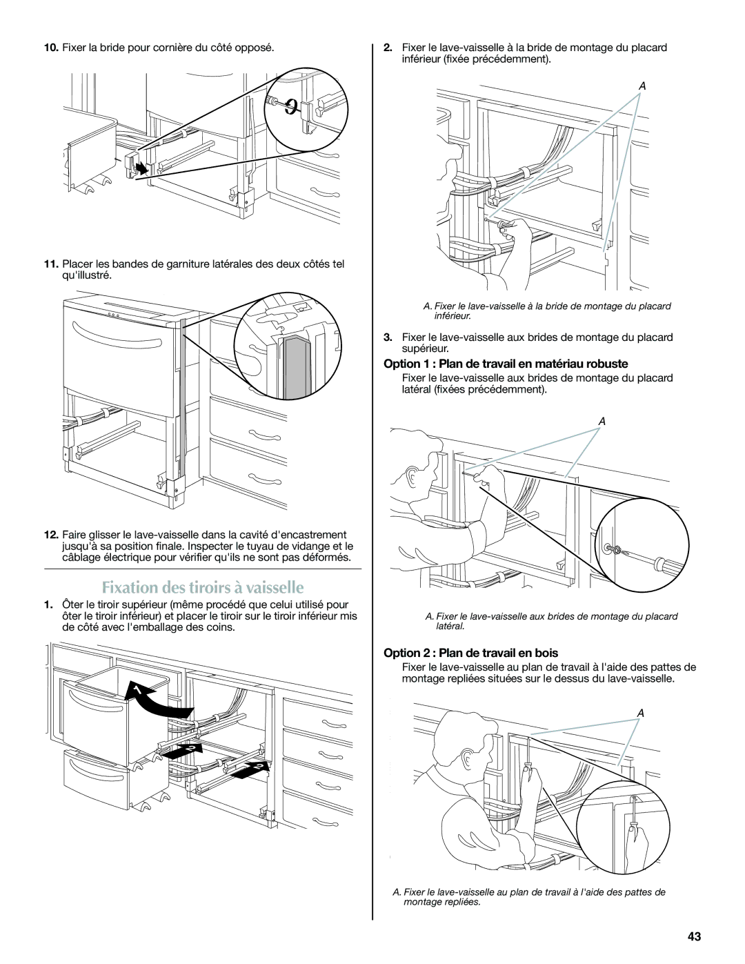 Maytag W10185071B installation instructions Fixation des tiroirs à vaisselle, Option 1 Plan de travail en matériau robuste 