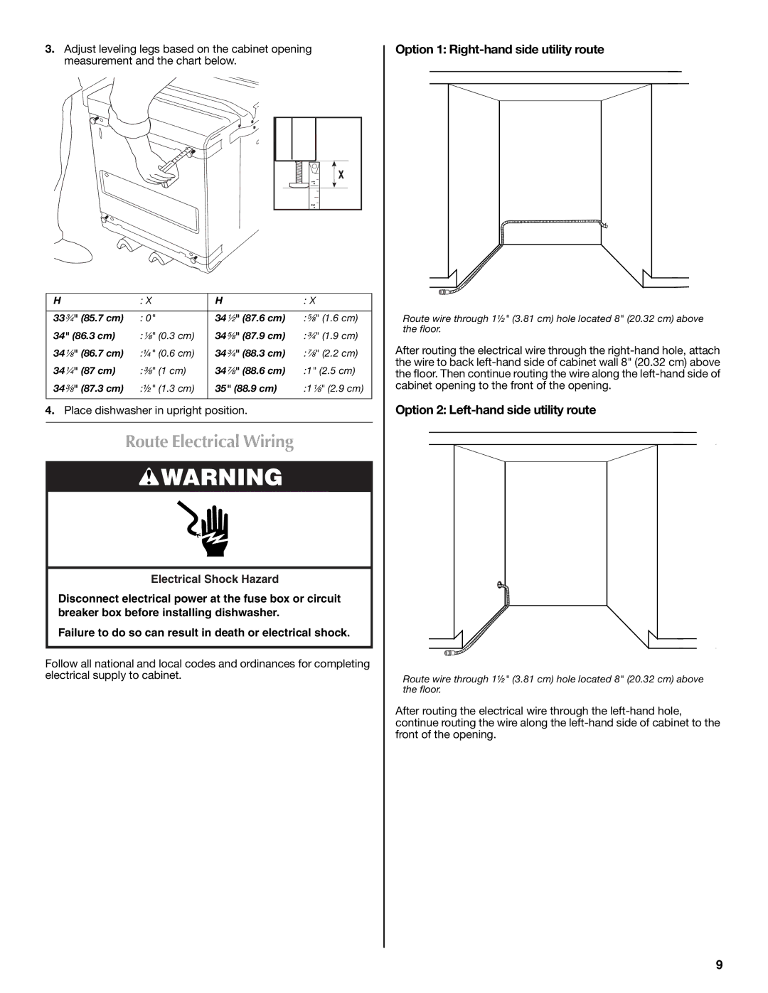 Maytag W10185071B Route Electrical Wiring, Option 1 Right-hand side utility route, Option 2 Left-hand side utility route 