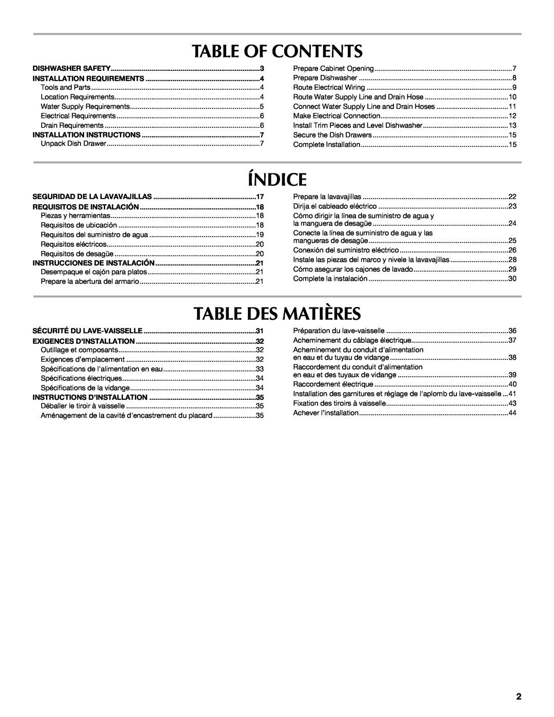 Maytag W10185071B installation instructions Table Of Contents, Índice, Table Des Matières 