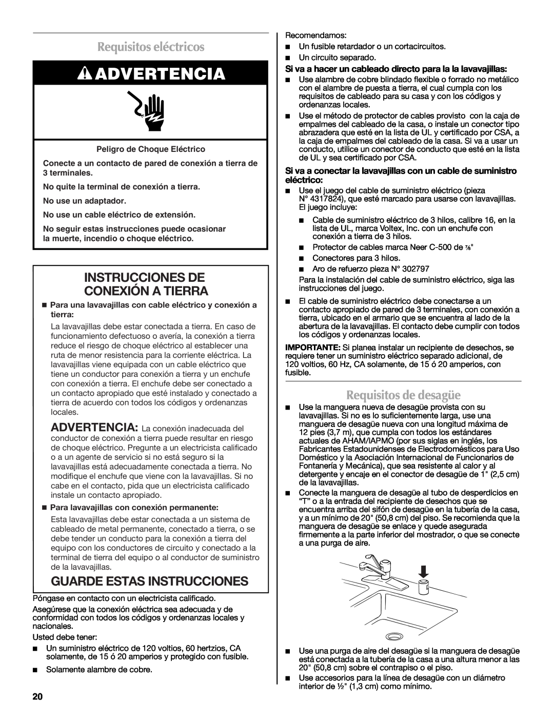 Maytag W10185071B Requisitos eléctricos, Instrucciones De Conexión A Tierra, Guarde Estas Instrucciones, Advertencia 