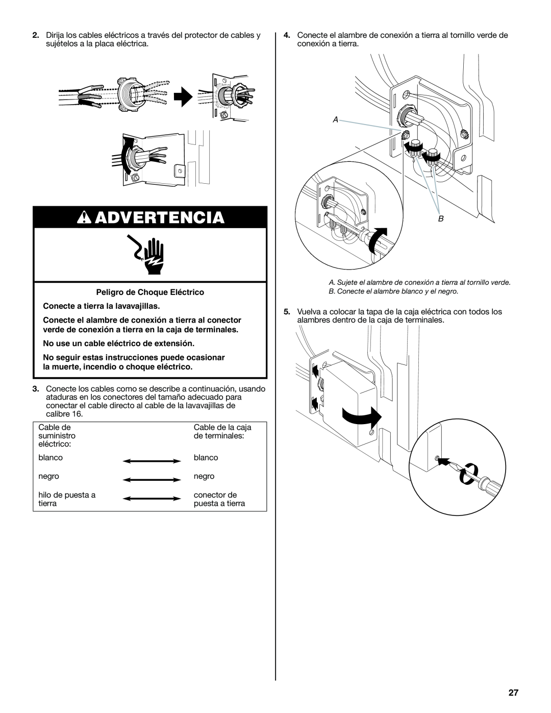 Maytag W10185071B installation instructions Advertencia, Peligro de Choque Eléctrico, Conecte a tierra la lavavajillas 
