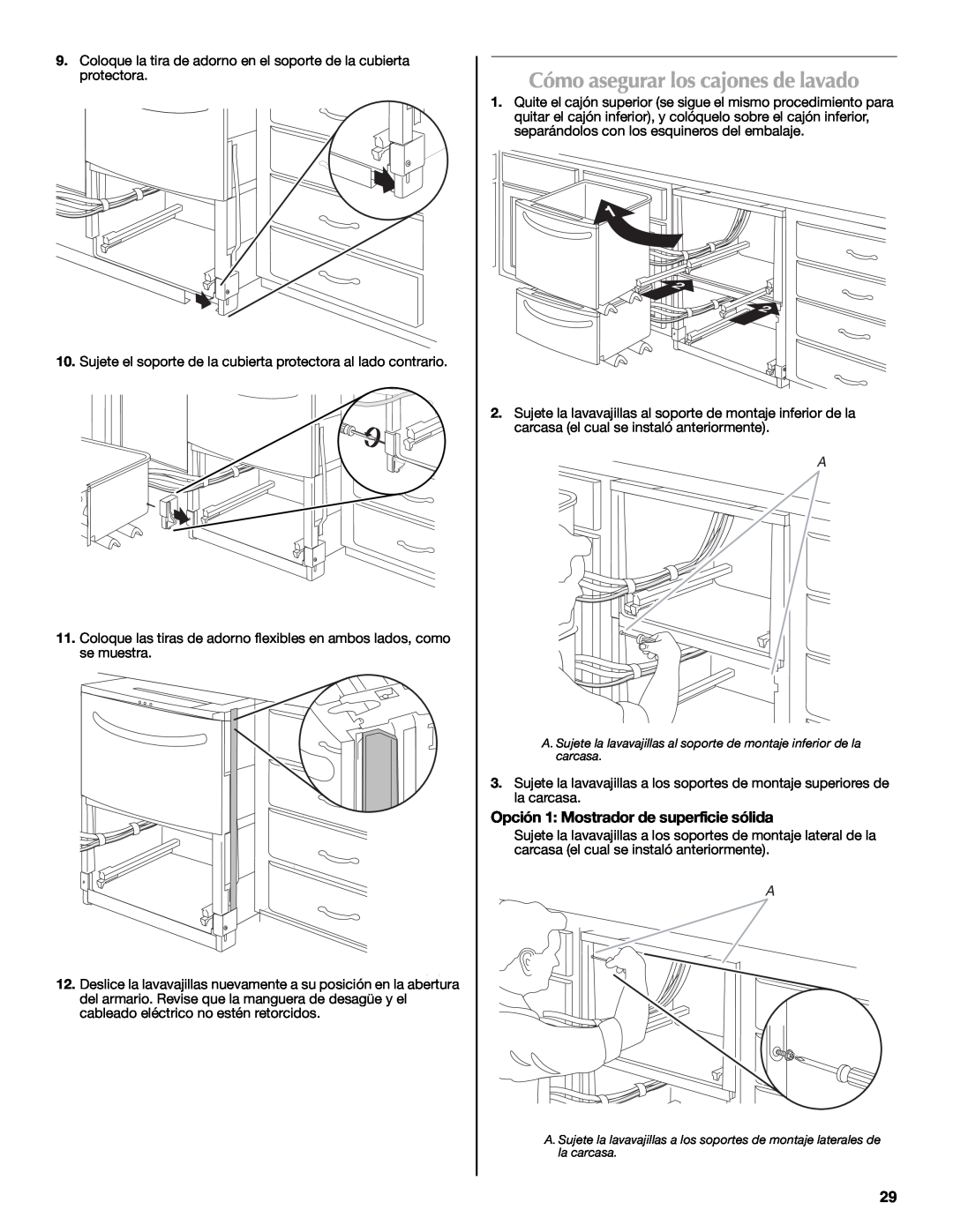Maytag W10185071B installation instructions Cómo asegurar los cajones de lavado, Opción 1: Mostrador de superficie sólida 