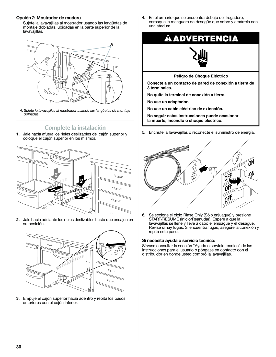 Maytag W10185071B installation instructions Complete la instalación, Advertencia, Opción 2: Mostrador de madera 