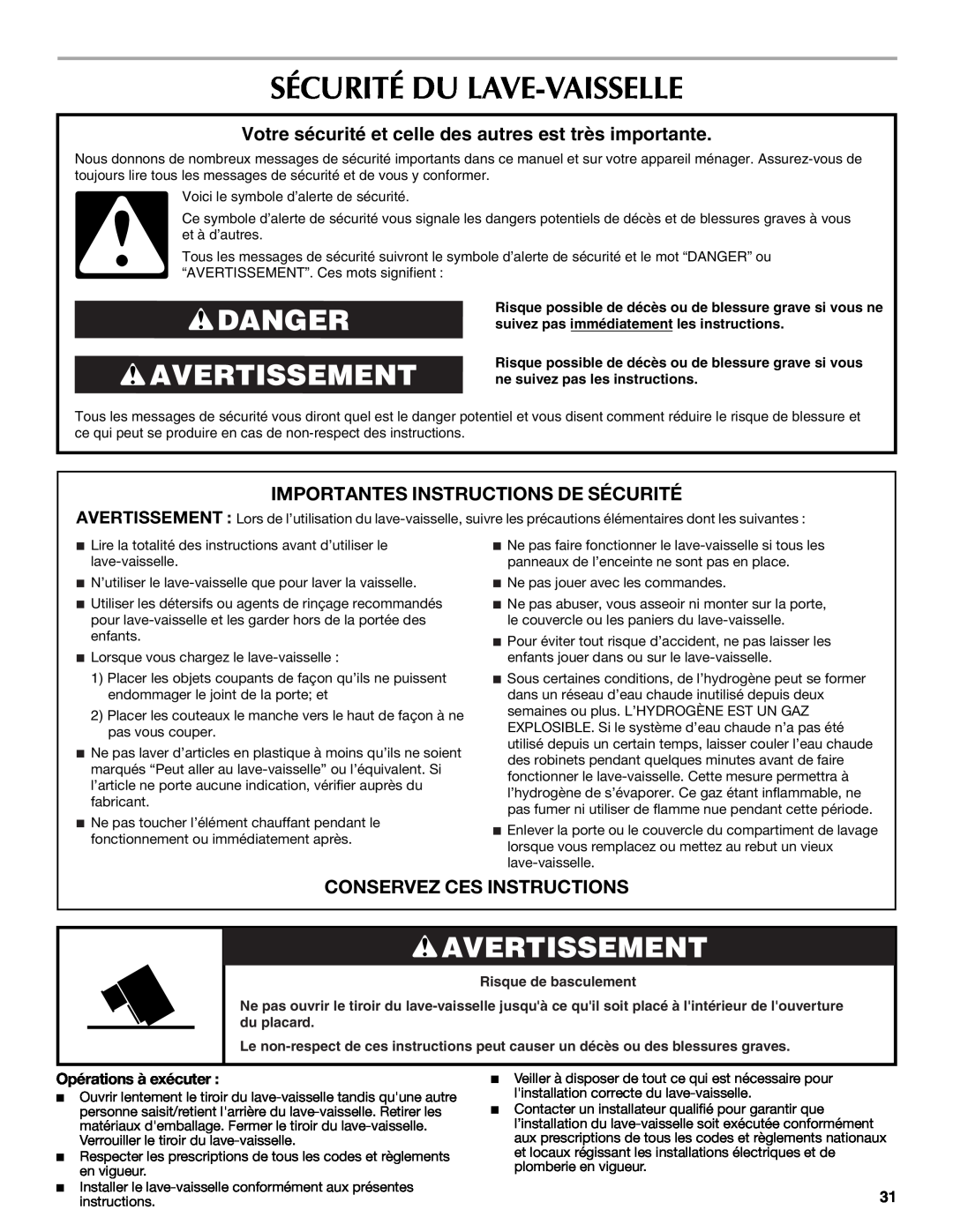 Maytag W10185071B Sécurité Du Lave-Vaisselle, Danger Avertissement, Importantes Instructions De Sécurité 