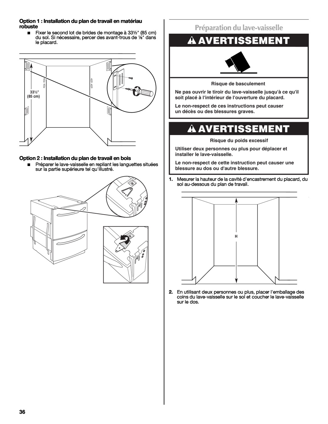 Maytag W10185071B installation instructions Préparation du lave-vaisselle, Avertissement 