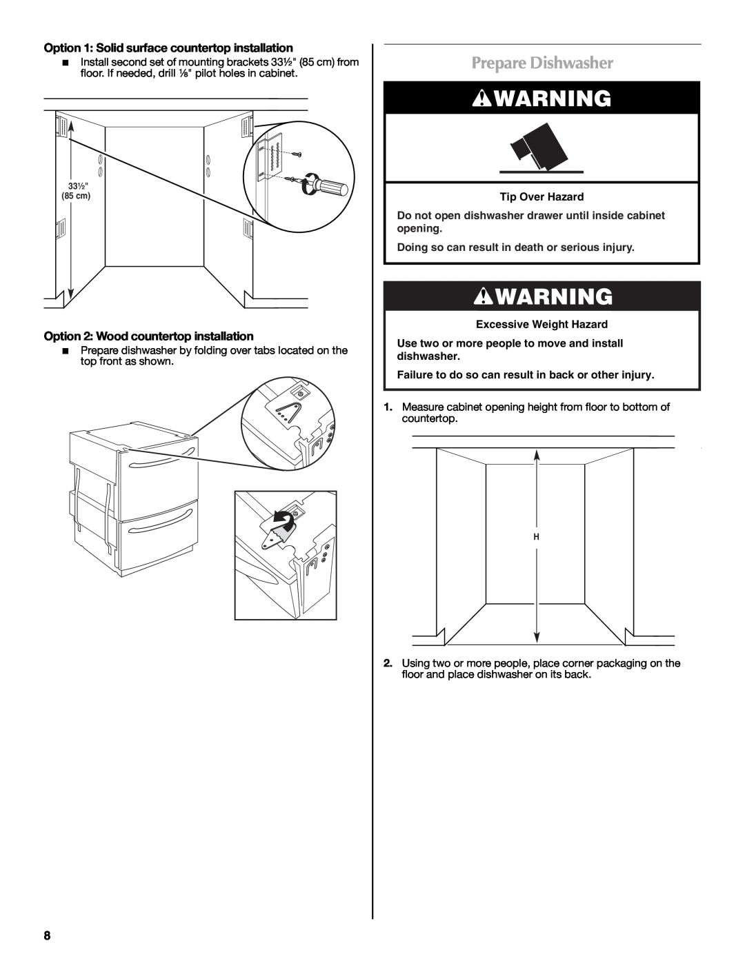 Maytag W10185071B installation instructions Prepare Dishwasher, Option 1: Solid surface countertop installation 