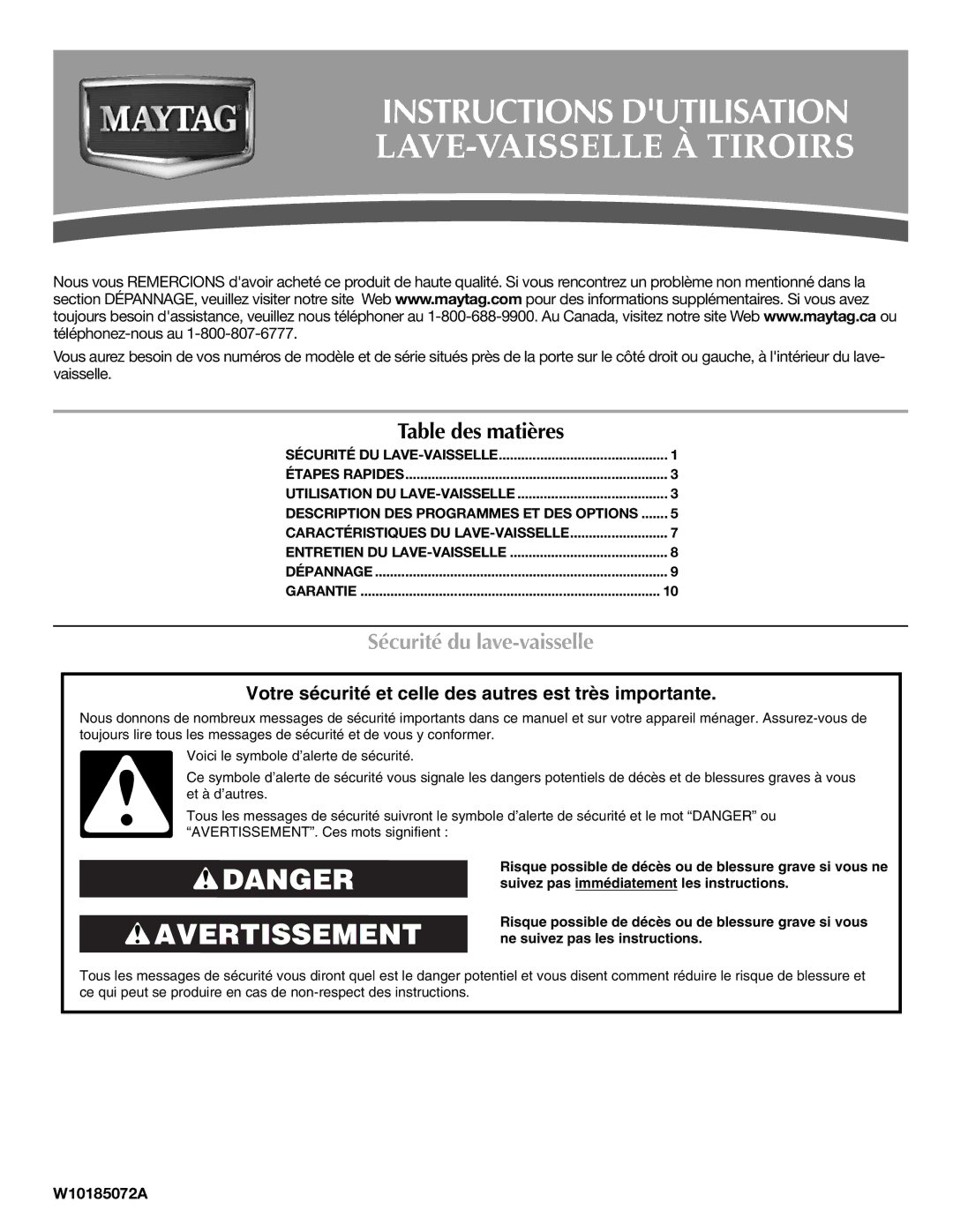 Maytag W10185072A, W10185074A, MDD8000AWS warranty Instructions Dutilisation, Sécurité du lave-vaisselle 