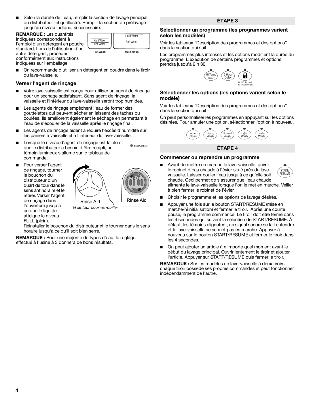 Maytag W10185072A, W10185074A, MDD8000AWS warranty Verser lagent de rinçage, Commencer ou reprendre un programme 