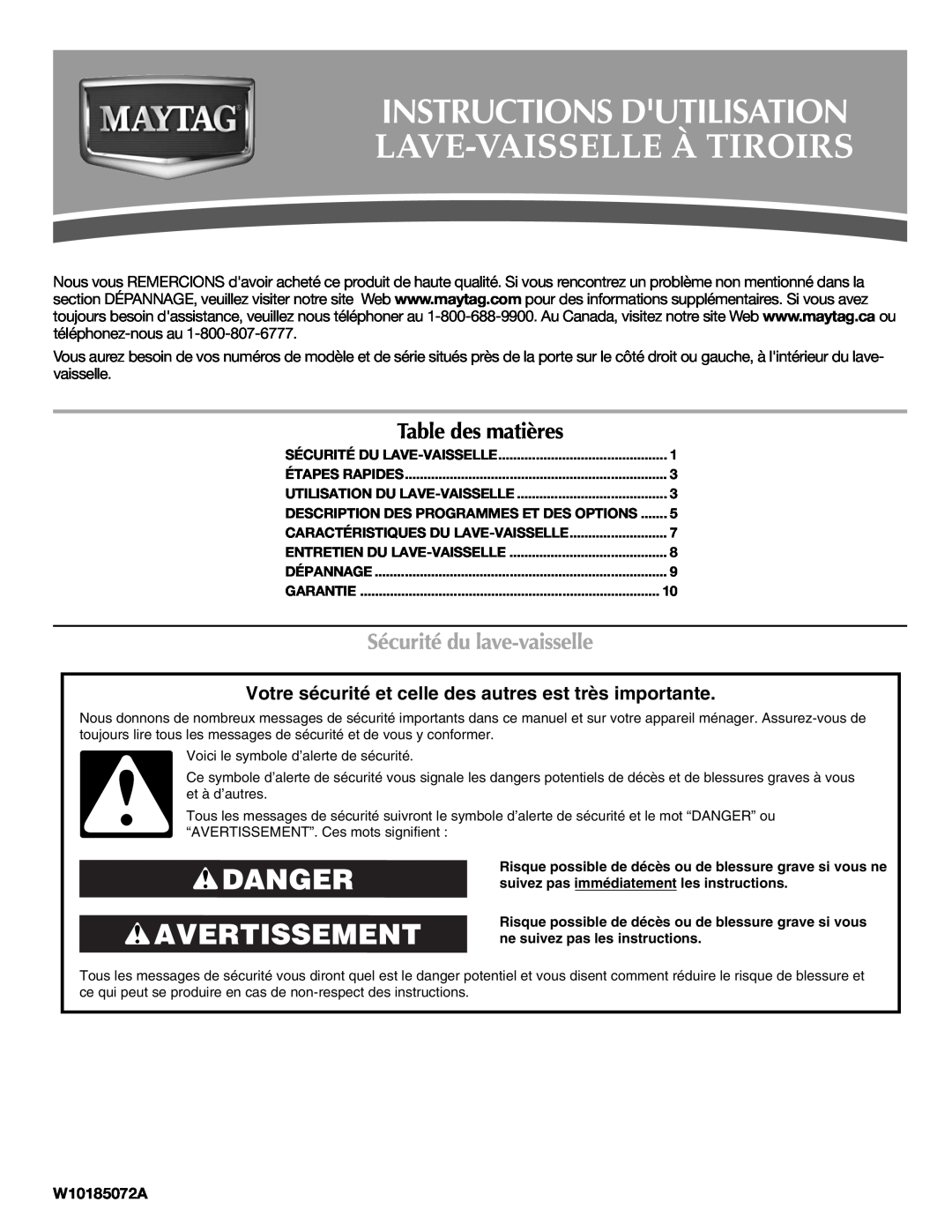 Maytag W10185072A warranty Instructions Dutilisation, Danger Avertissement, Table des matières, Sécurité du lave-vaisselle 