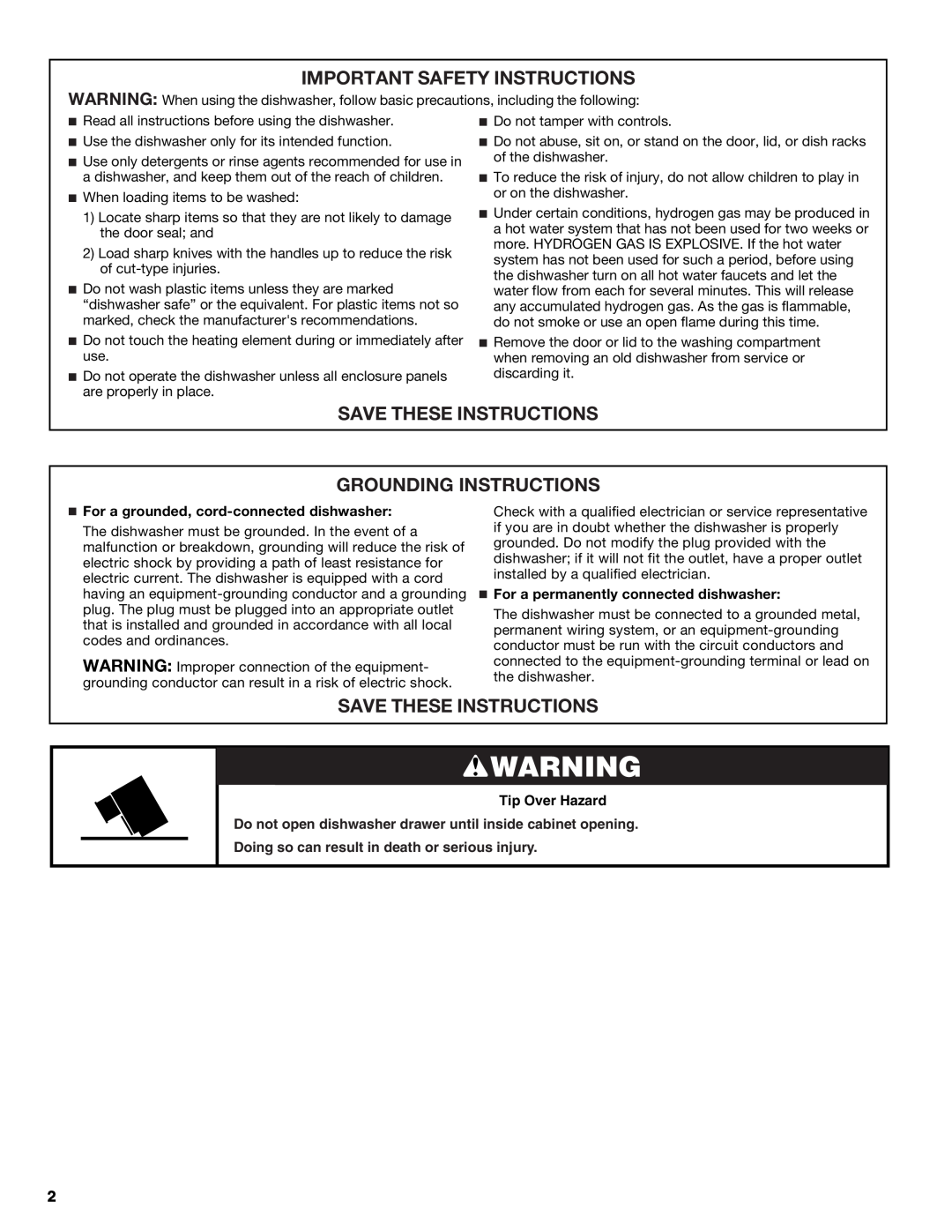 Maytag MDD8000AWS, W10185074A, W10185072A Important Safety Instructions, Save These Instructions Grounding Instructions 