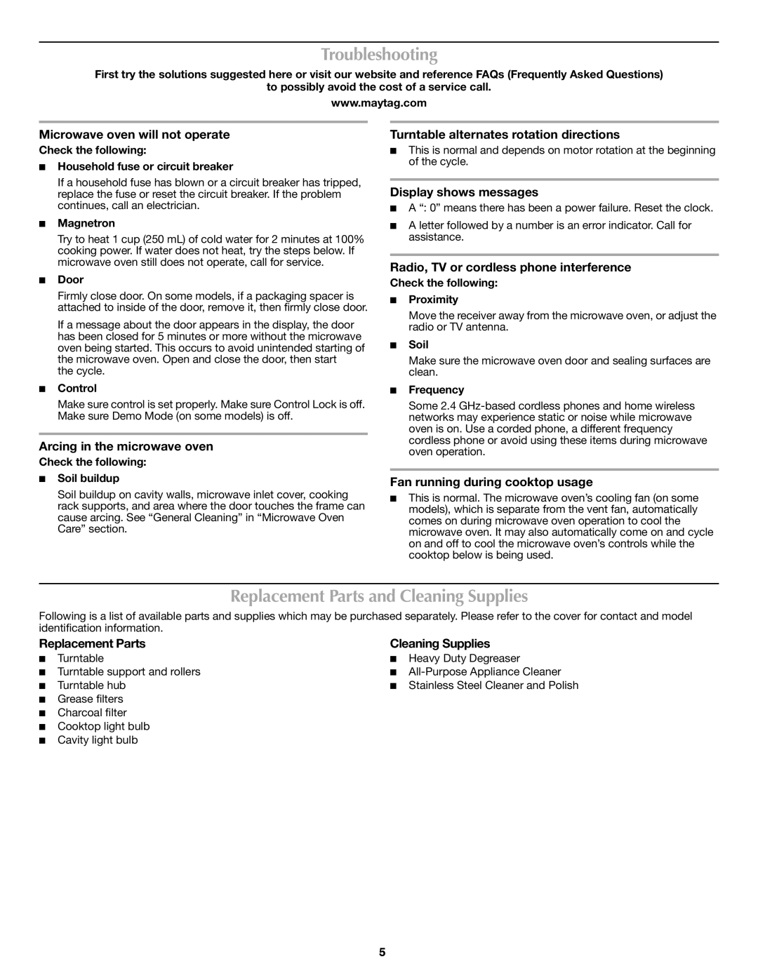 Maytag SP PN W10188938A, W10188226A important safety instructions Troubleshooting, Replacement Parts and Cleaning Supplies 