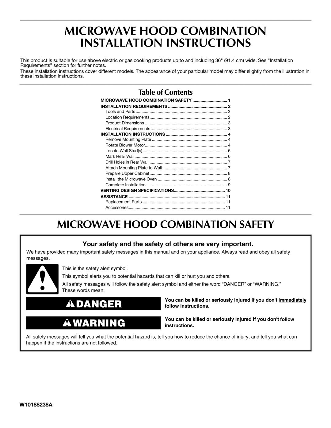 Maytag W10188947A, W10188238A installation instructions Microwave Hood Combination Installation Instructions 