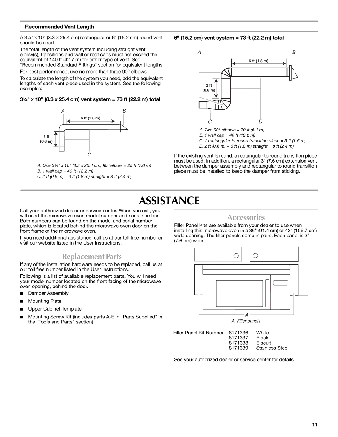 Maytag W10188947A, W10188238A installation instructions Assistance, Accessories, Replacement Parts, Recommended Vent Length 