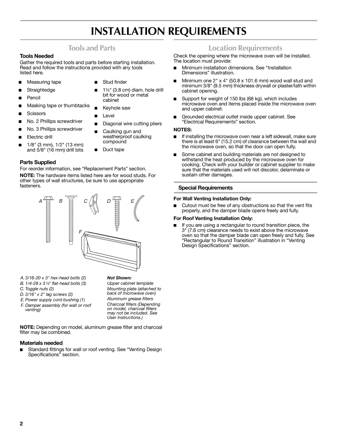 Maytag W10188238A, W10188947A installation instructions Installation Requirements, Tools and Parts, Location Requirements 