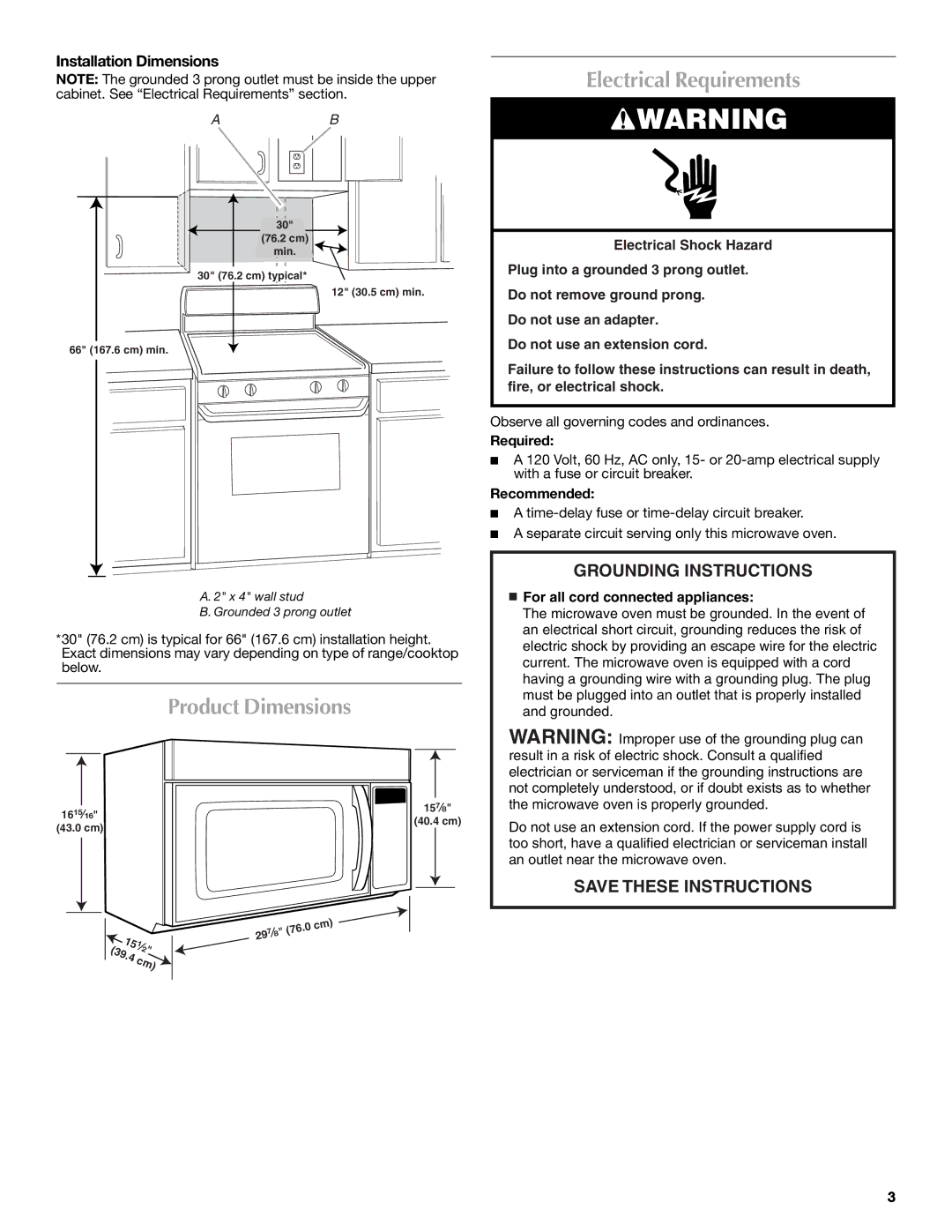 Maytag W10188947A, W10188238A Product Dimensions, Electrical Requirements, Installation Dimensions, Required, Recommended 