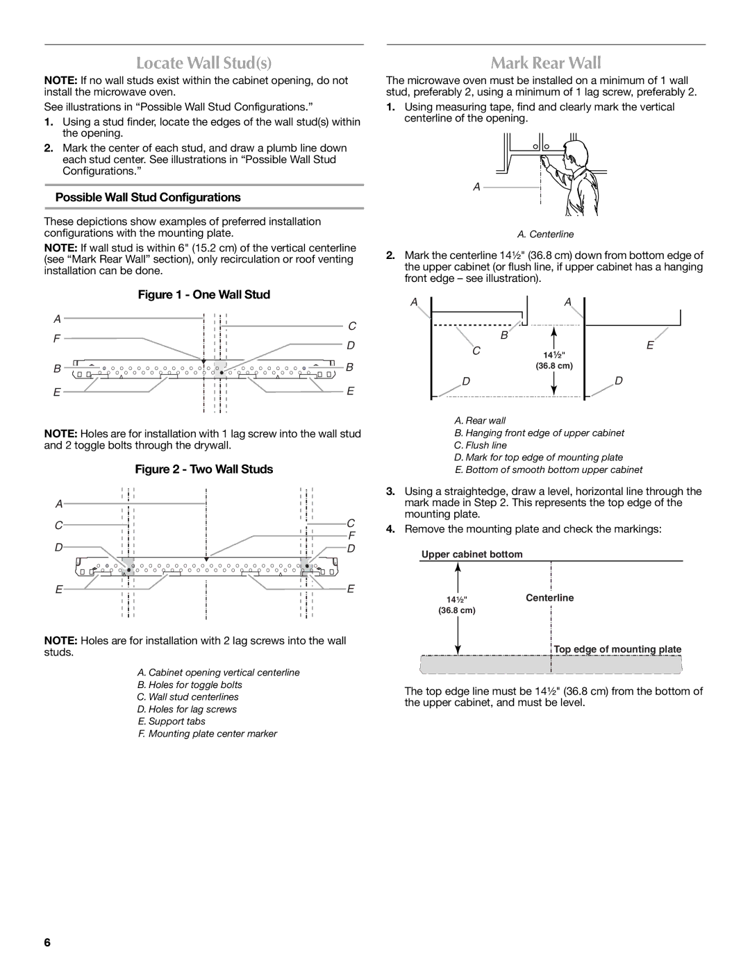 Maytag W10188238A, W10188947A installation instructions Locate Wall Studs, Mark Rear Wall, Possible Wall Stud Configurations 